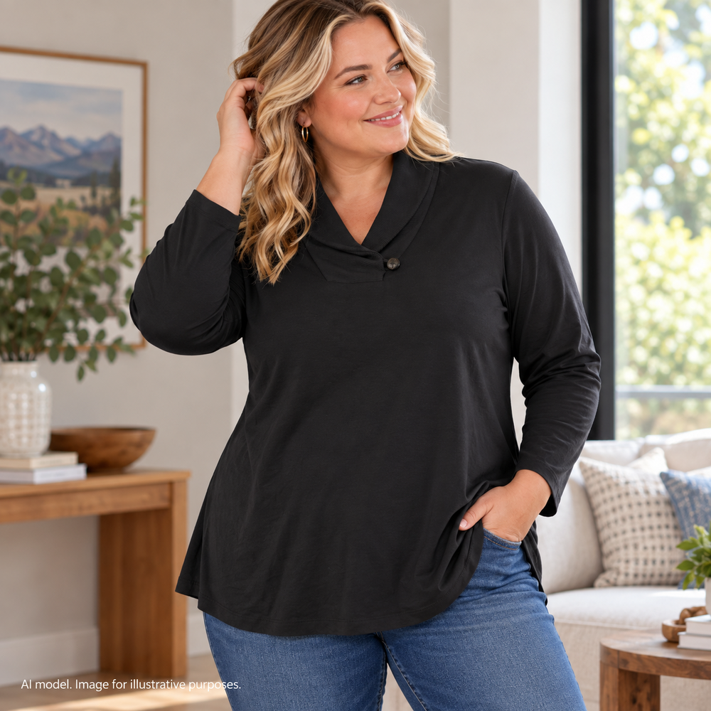 Ralph Lauren Shirt Women 2X Black Lux Ribbed Shawl Collar Minimalist Cotton LRL